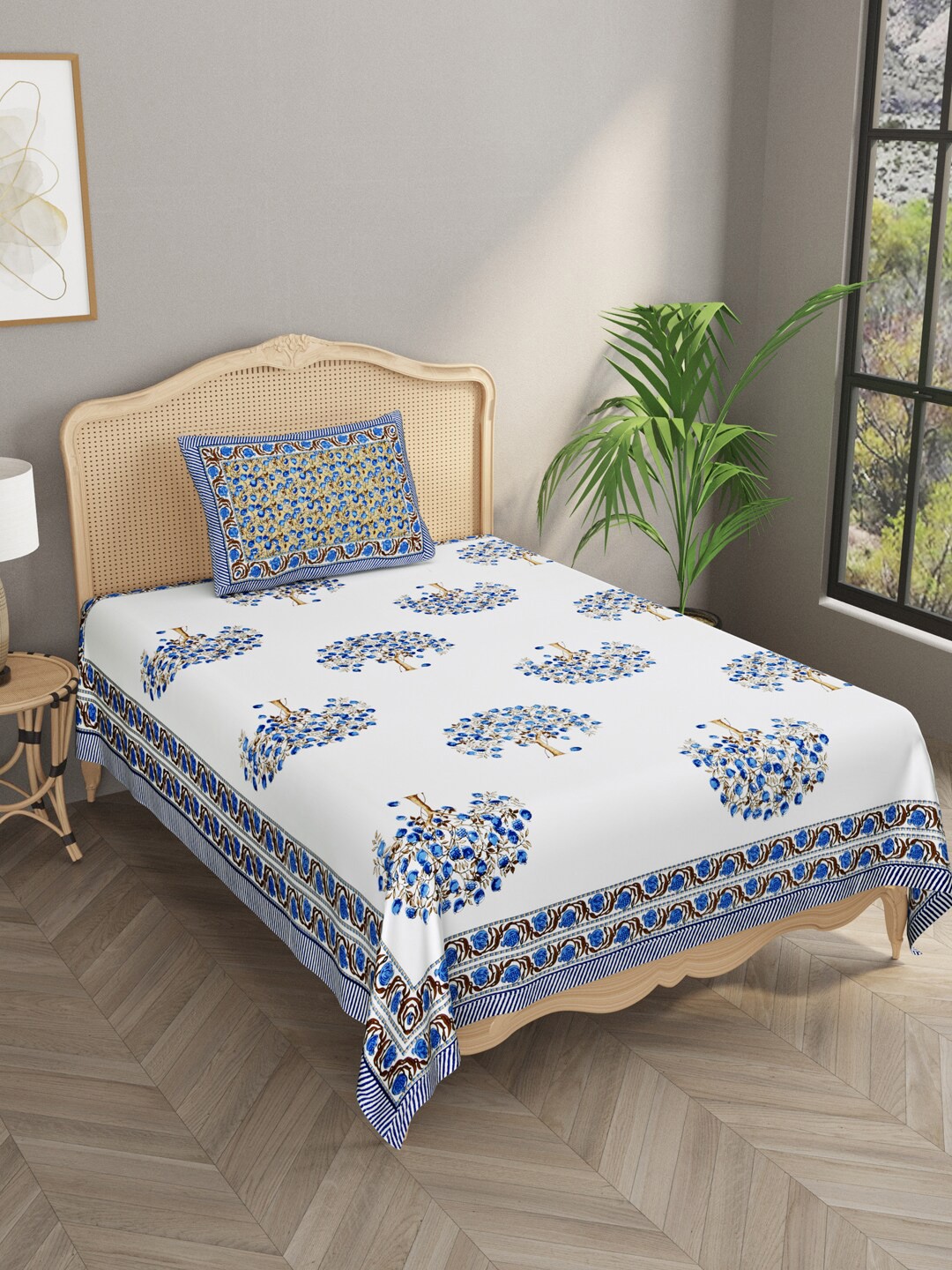 

Gulaab Jaipur Blue & White Floral 600 TC Single Bedsheet with 1 Pillow Cover