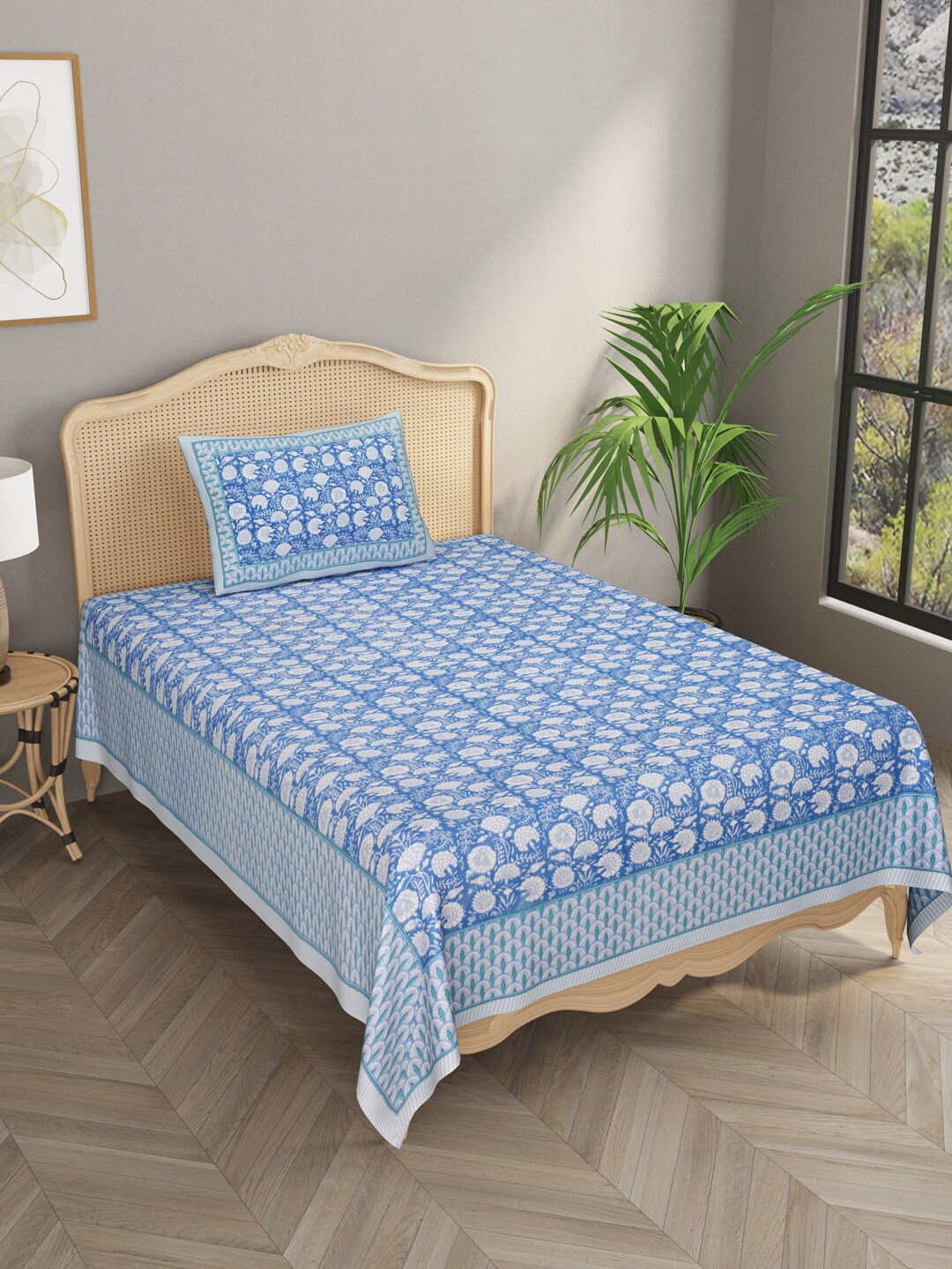 

Gulaab Jaipur Blue & White Floral 600 TC Single Bedsheet with 1 Pillow Covers