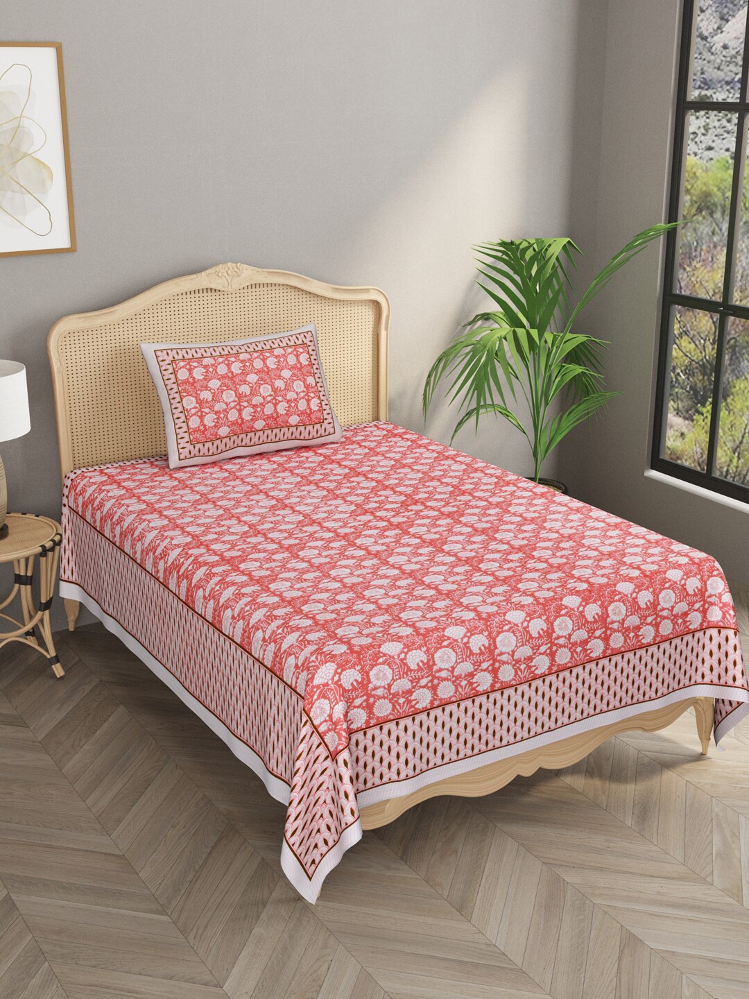 

Gulaab Jaipur Red & White Floral 600 TC Single Bedsheet with 1 Pillow Covers