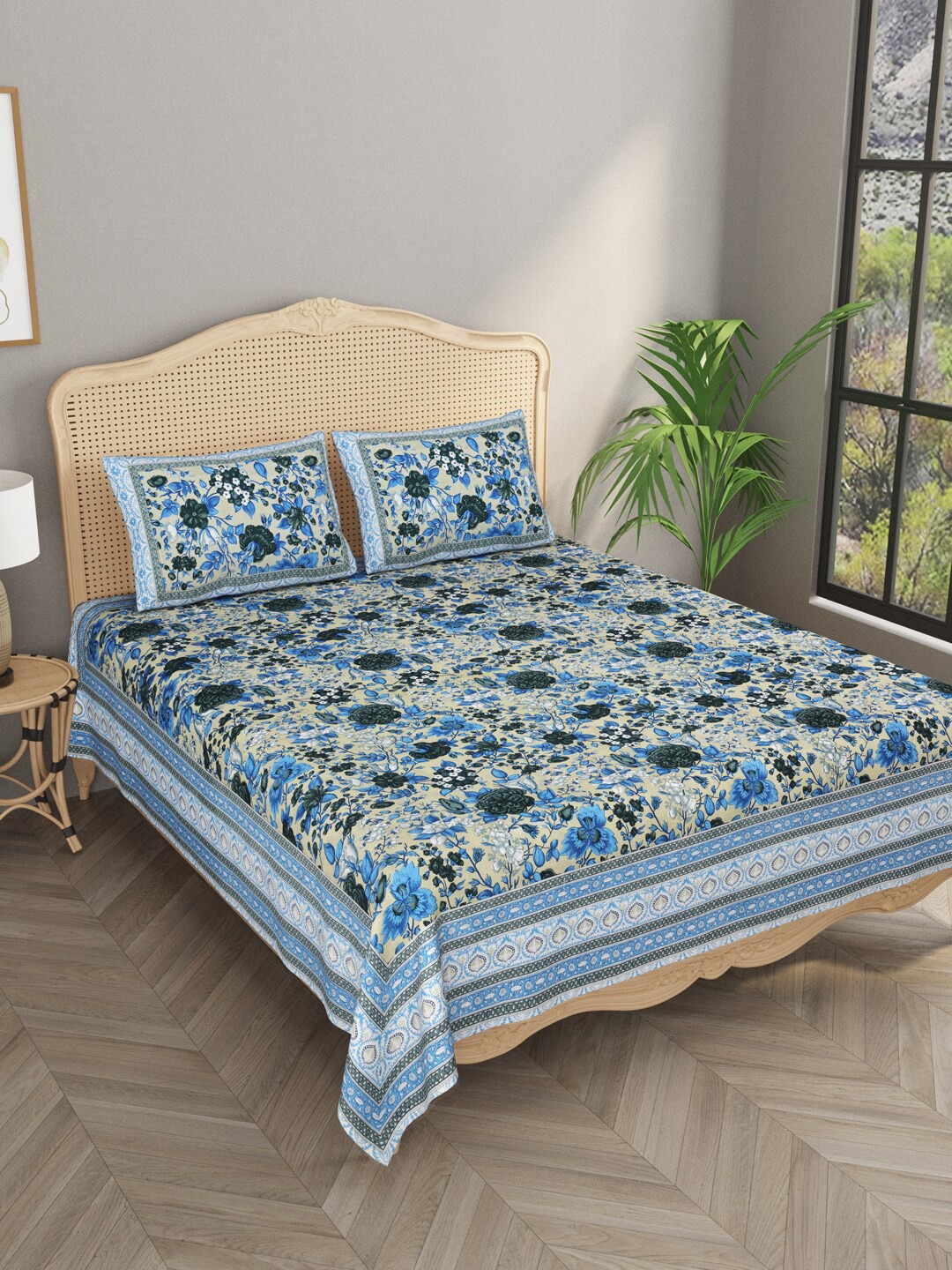

Gulaab Jaipur Yellow & Blue Floral 400 TC King Bedsheet with 2 Pillow Covers