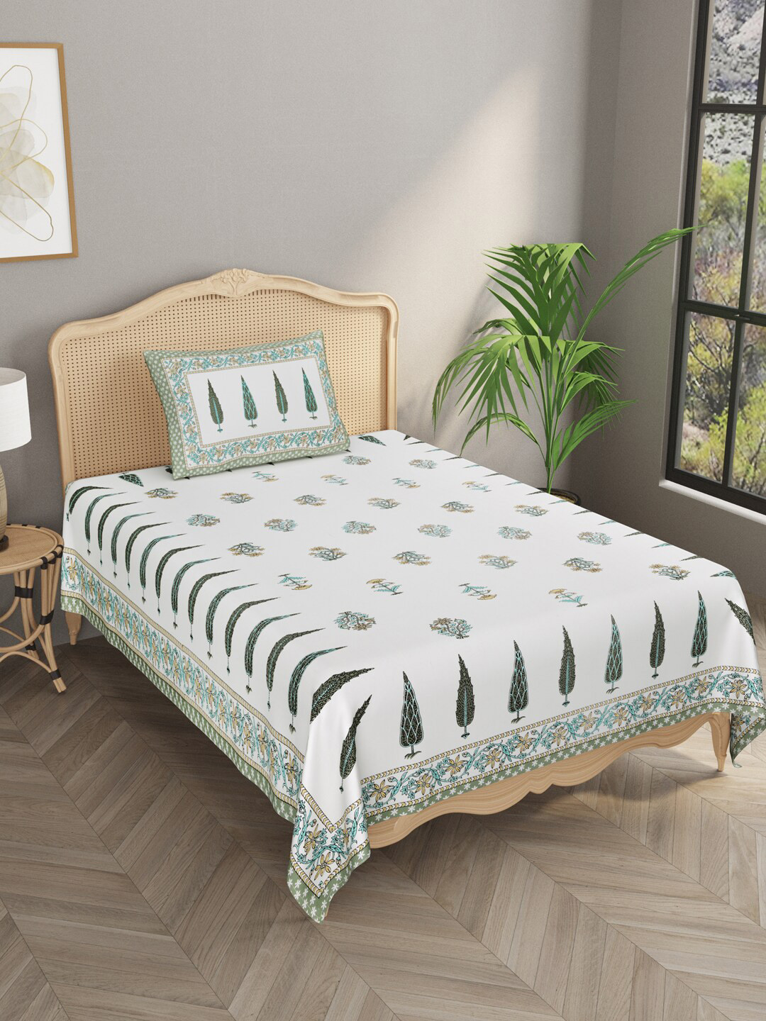 

Gulaab Jaipur Blue & White Floral 600 TC Single Bedsheet with 1 Pillow Covers