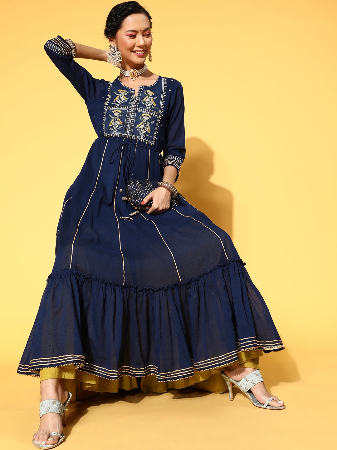 

ZOLA Women Stunning Navy Blue Cotton Swirling Volume Kurta