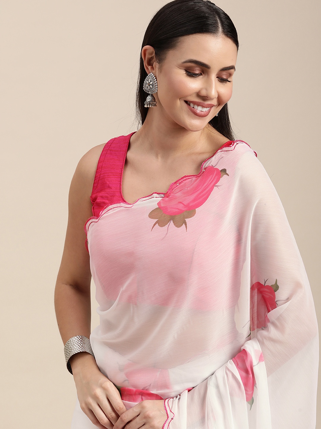

VASTRANAND White & Red Floral Sequinned Pure Chiffon Saree