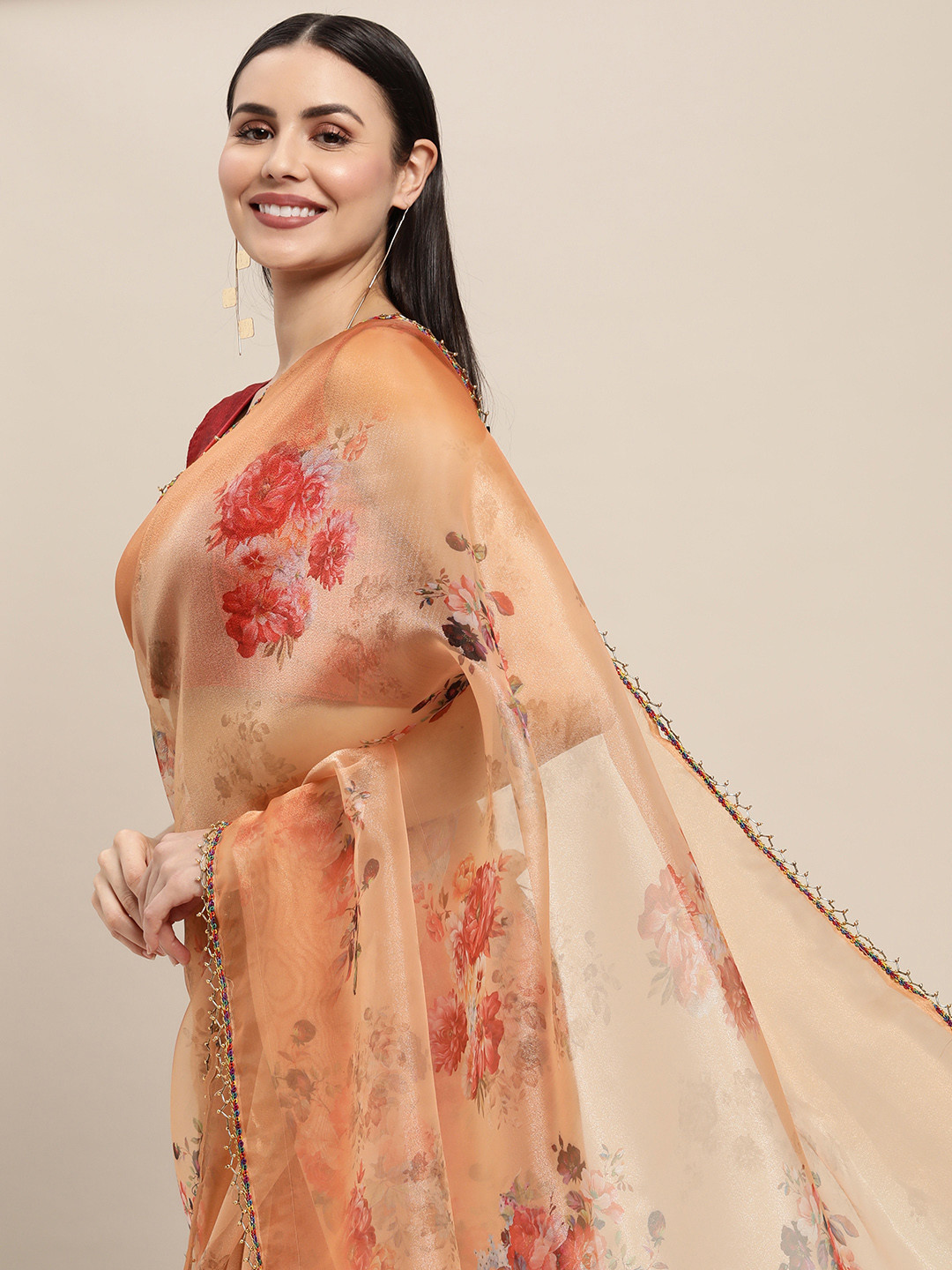

VASTRANAND Orange & Red Floral Sequinned Organza Saree