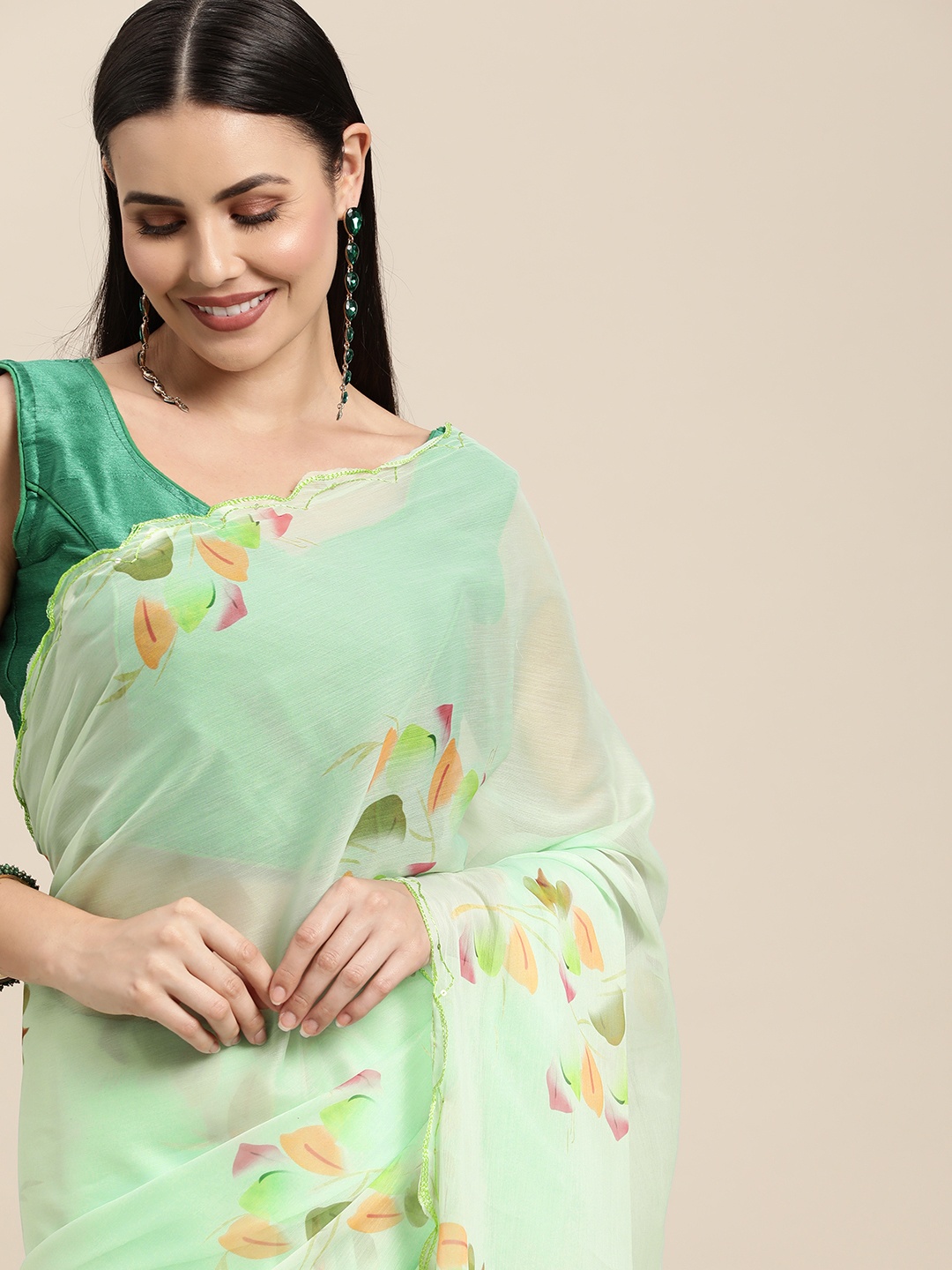 

VASTRANAND Green Floral Sequinned Pure Chiffon Saree