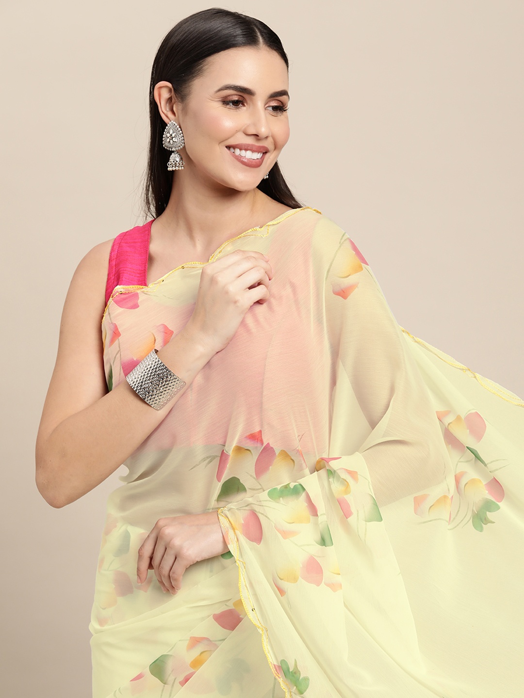 

VASTRANAND Yellow & Green Floral Sequinned Pure Chiffon Saree