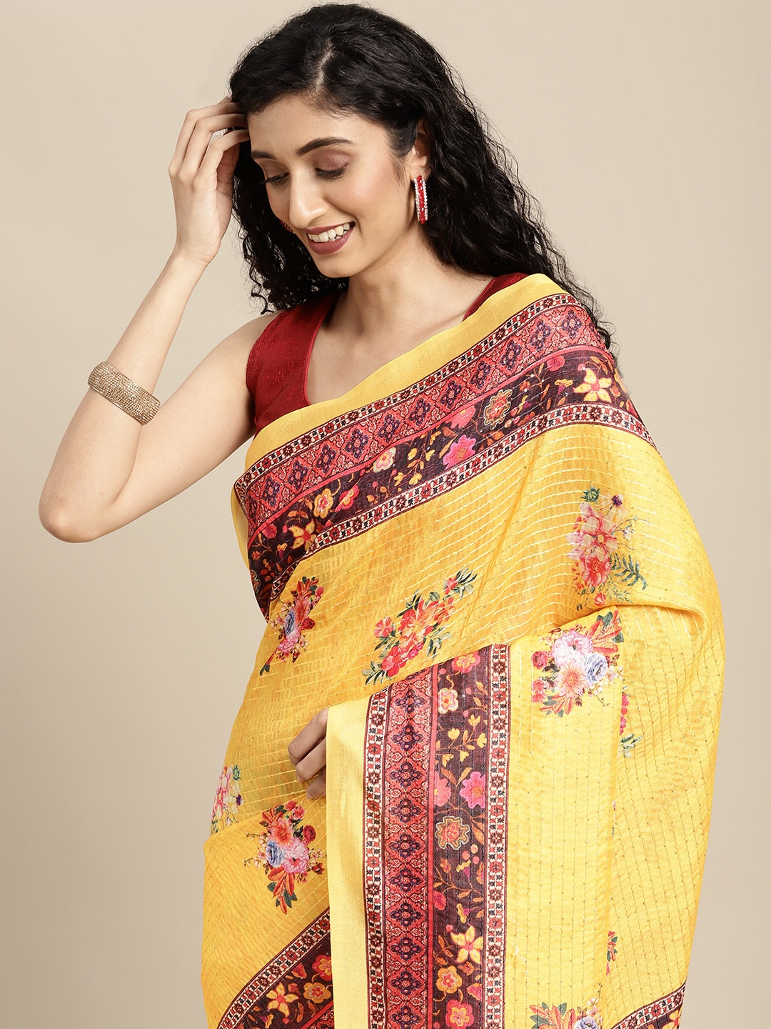 

VASTRANAND Yellow Floral Art Silk Saree