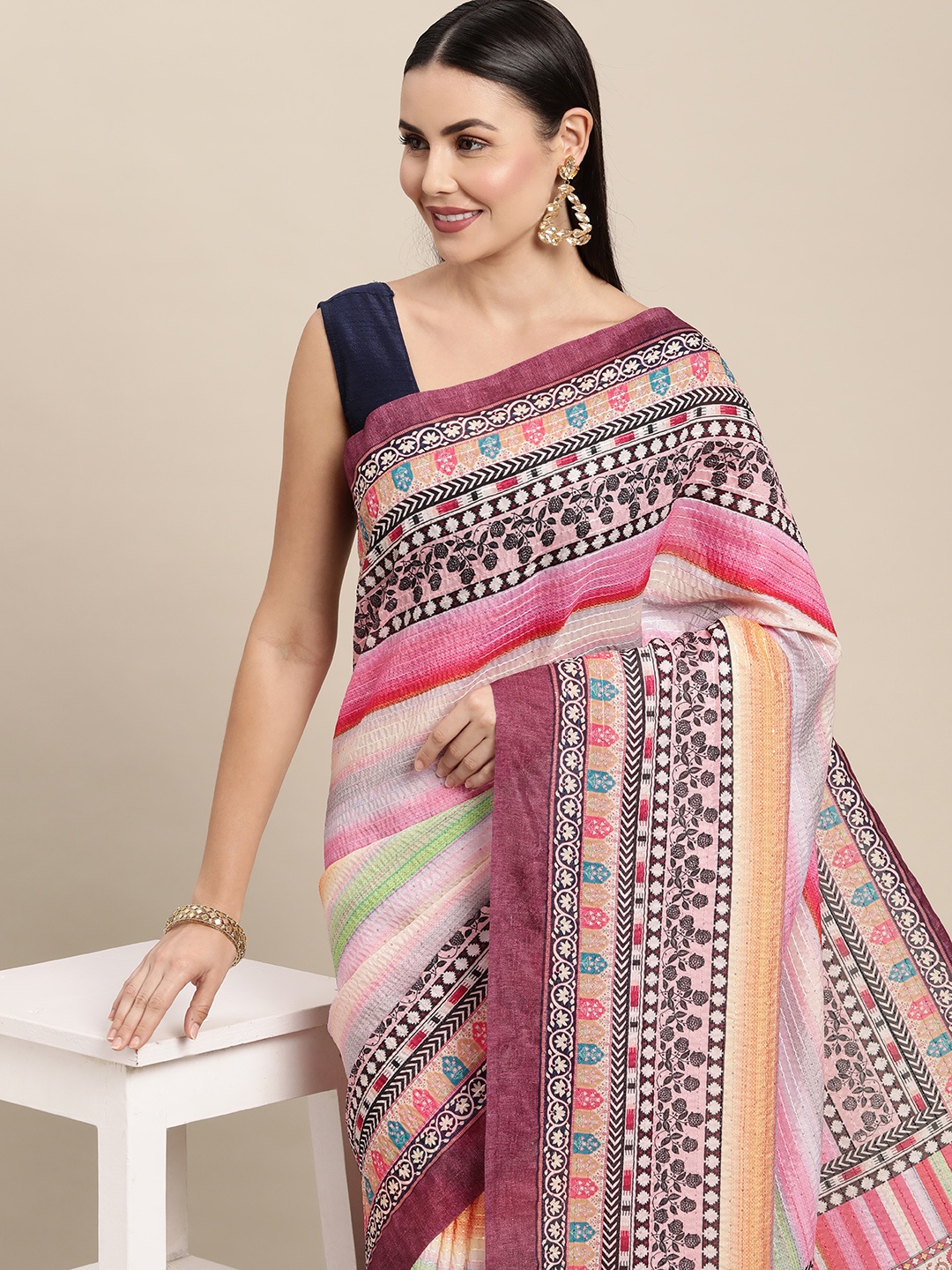 

VASTRANAND White & Pink Striped Sequinned Art Silk Saree