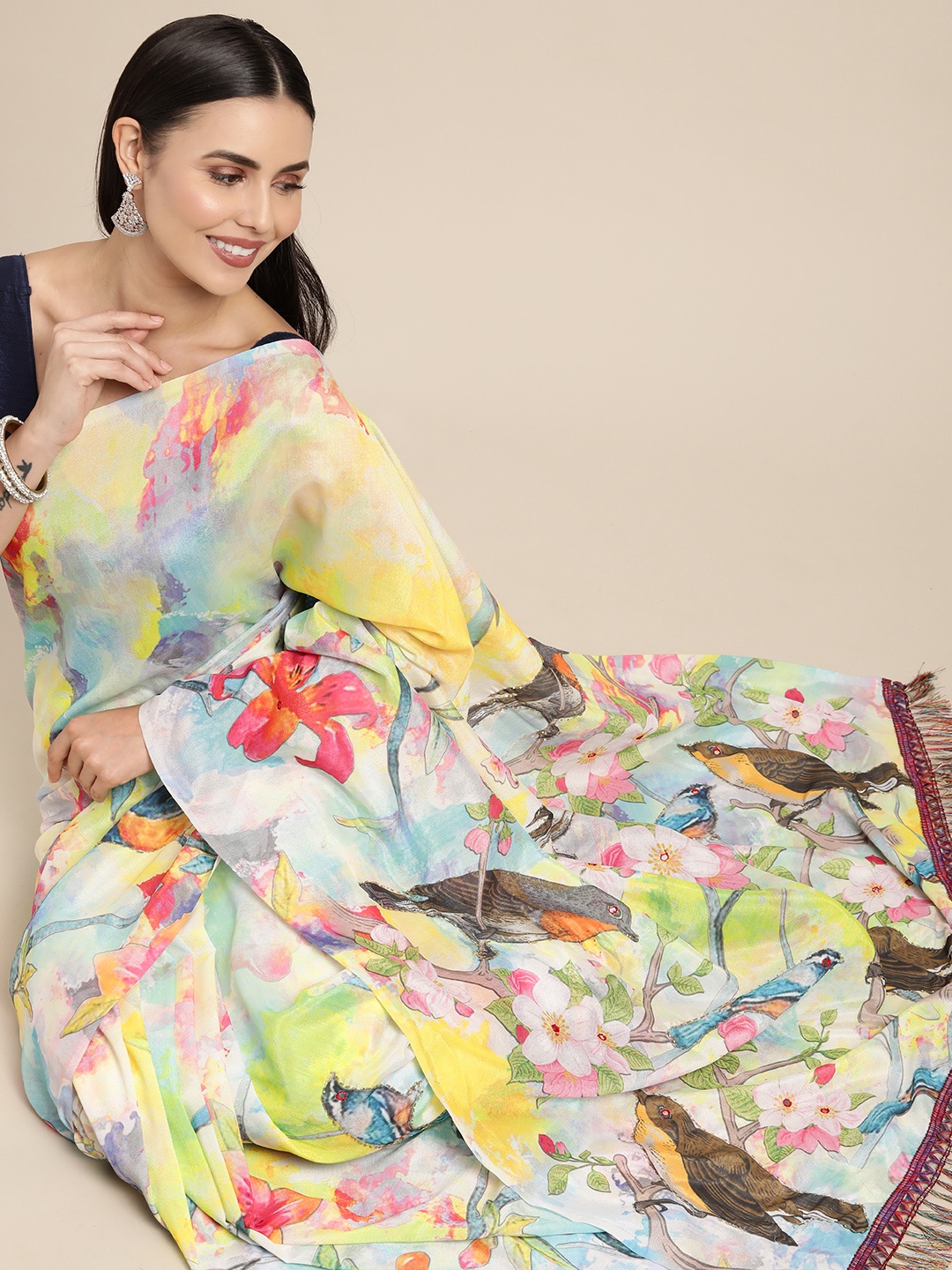 

VASTRANAND Blue & Brown Floral Print Mirror Work Satin Saree