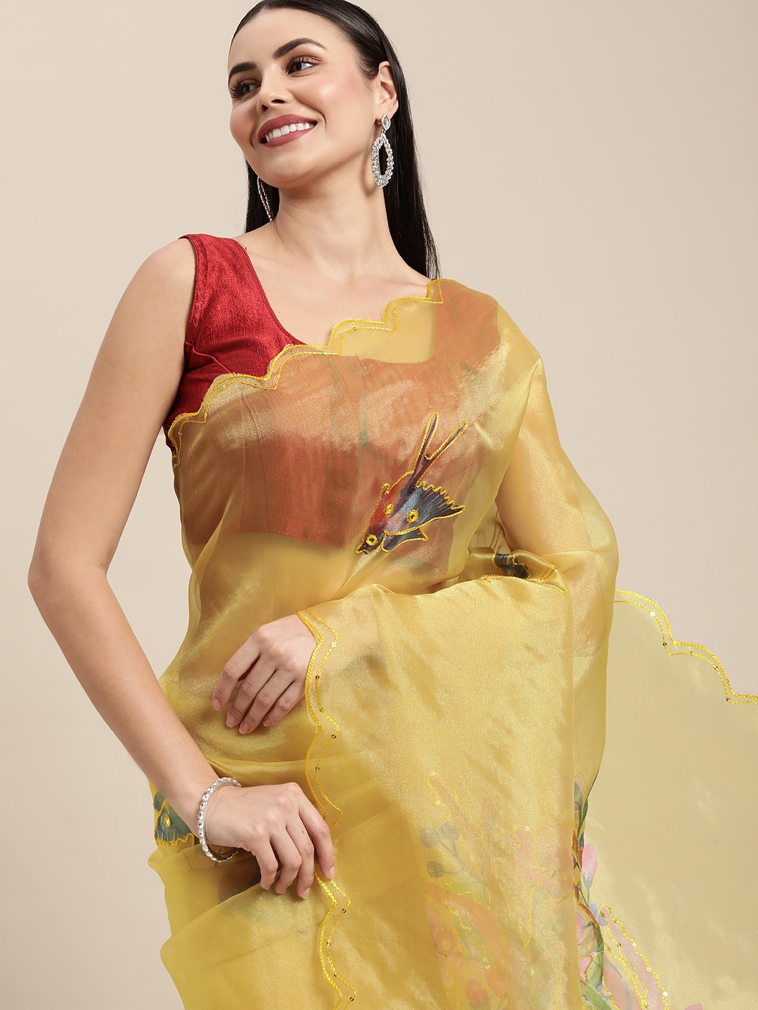 

VASTRANAND Mustard Yellow Ethnic Motifs Printed Sequinned Organza Saree