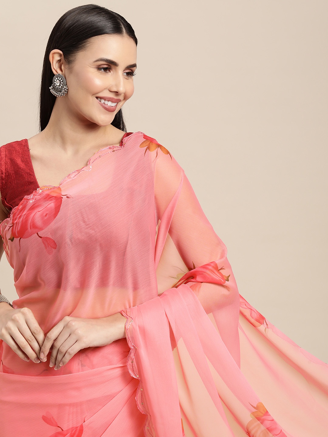 

VASTRANAND Pink Floral Sequinned Pure Chiffon Saree