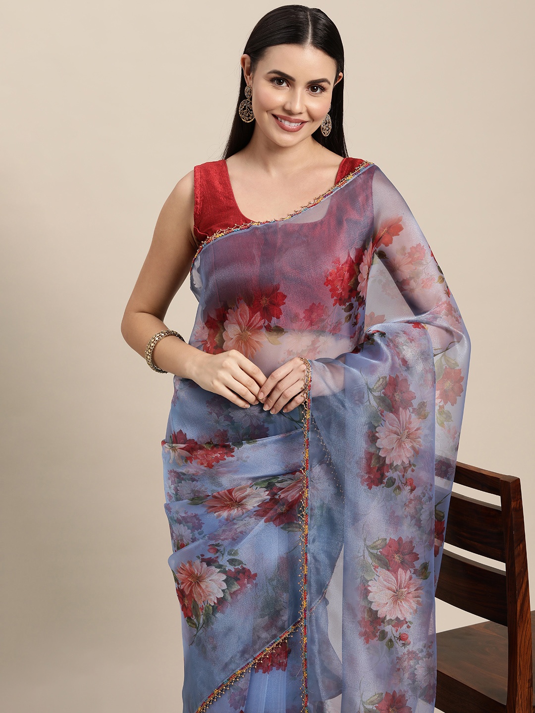 

VASTRANAND Blue & Red Floral Sequinned Organza Saree