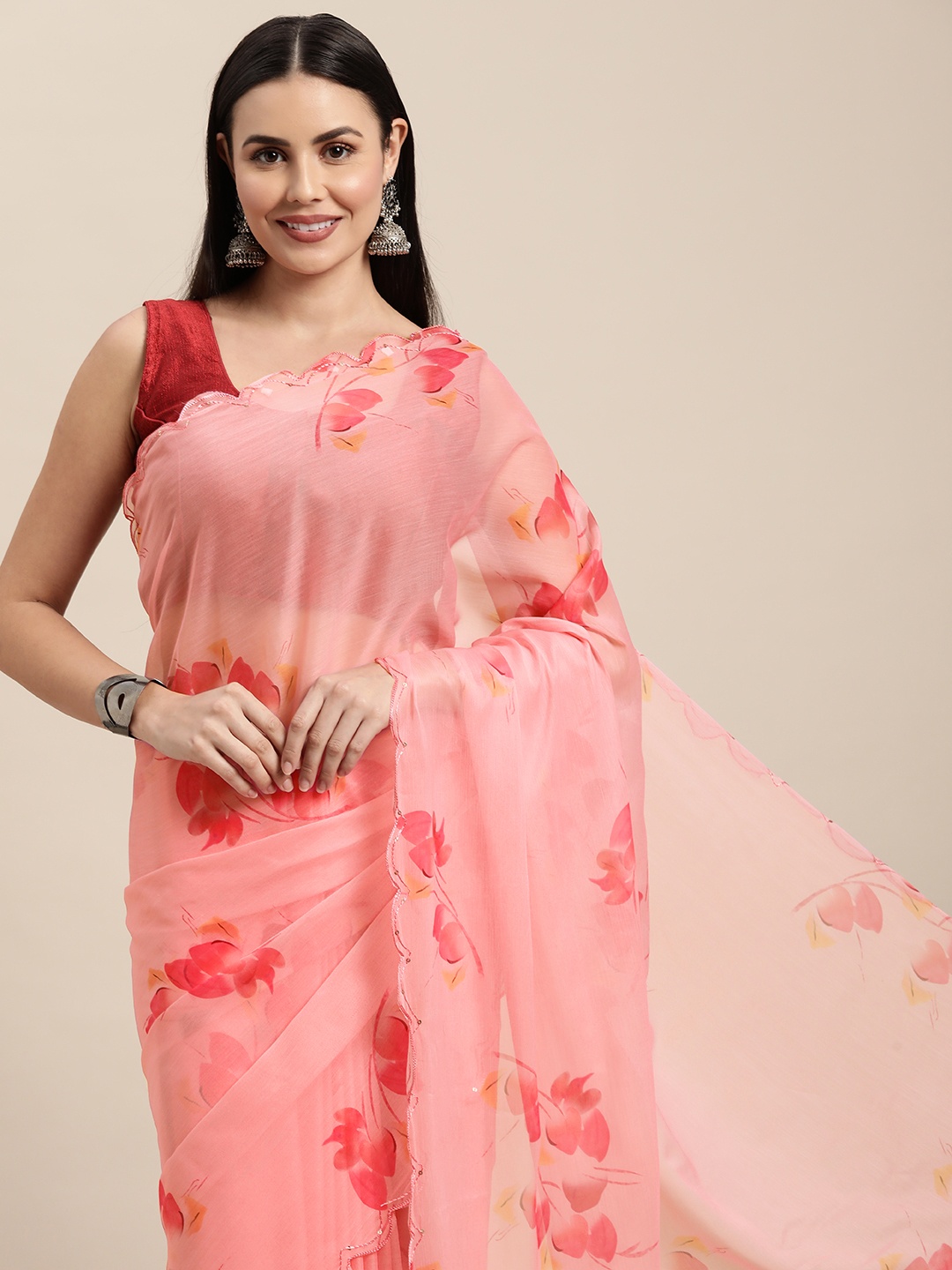 

VASTRANAND Pink Floral Sequinned Pure Chiffon Saree