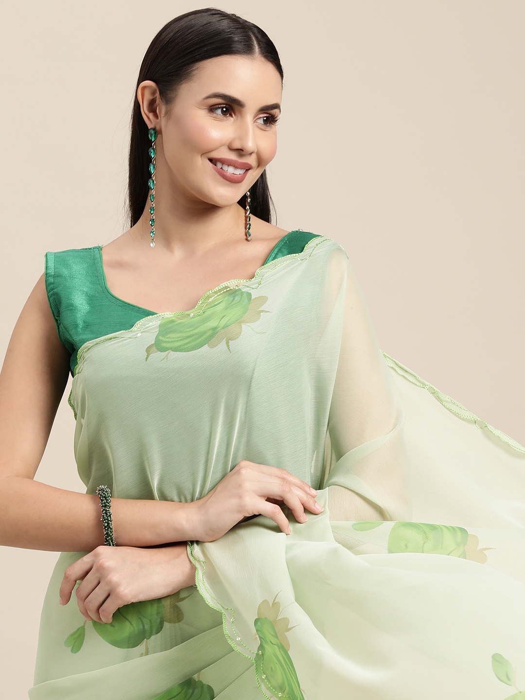 

VASTRANAND Green Floral Sequinned Pure Chiffon Saree