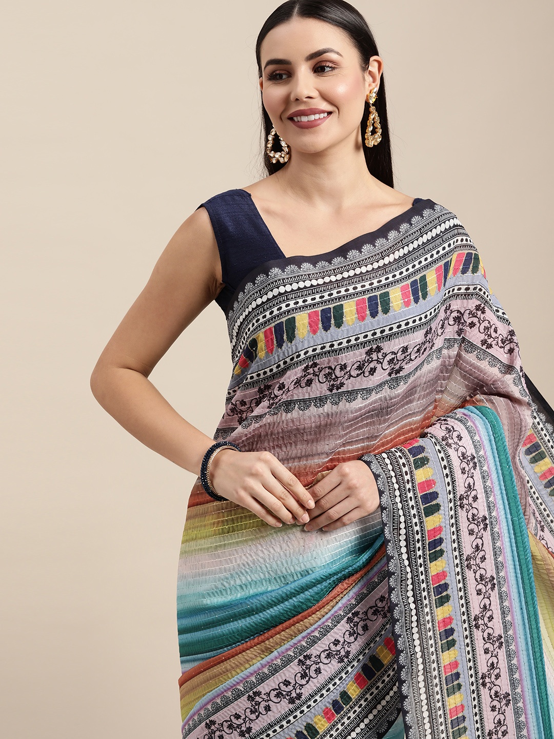 

VASTRANAND Blue & Black Striped Sequinned Art Silk Saree