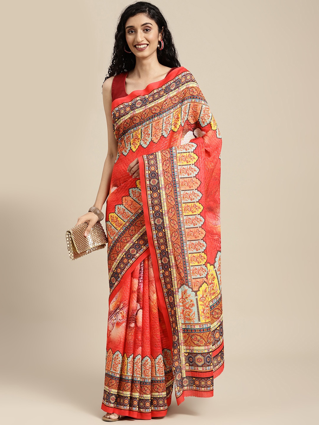 

VASTRANAND Red Floral Art Silk Saree