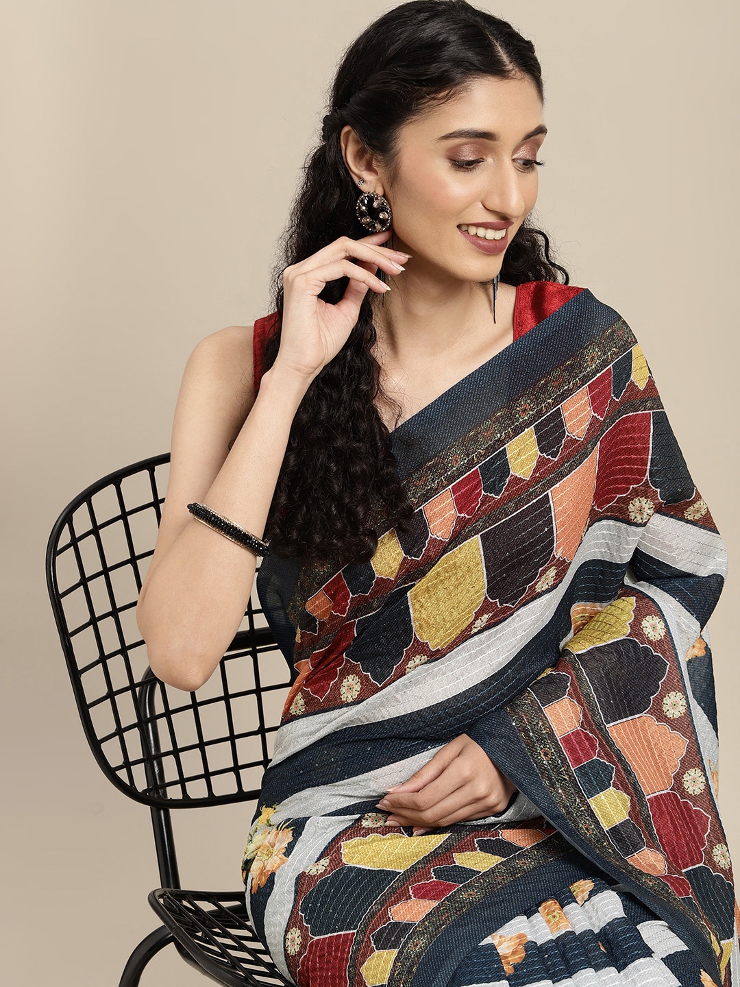 

VASTRANAND Navy Blue & Multicoloured Floral Art Silk Saree