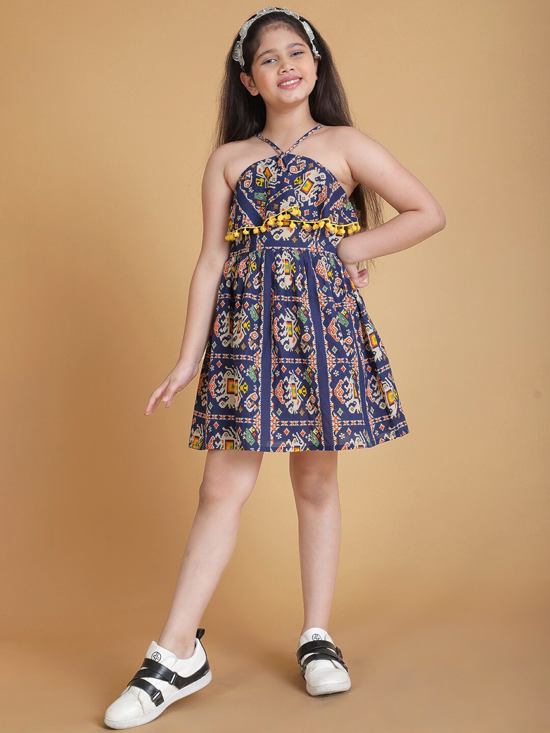 

titliyan Girls Blue Ethnic Motifs Print Halter Neck Short Dress With Pom Pom Detail