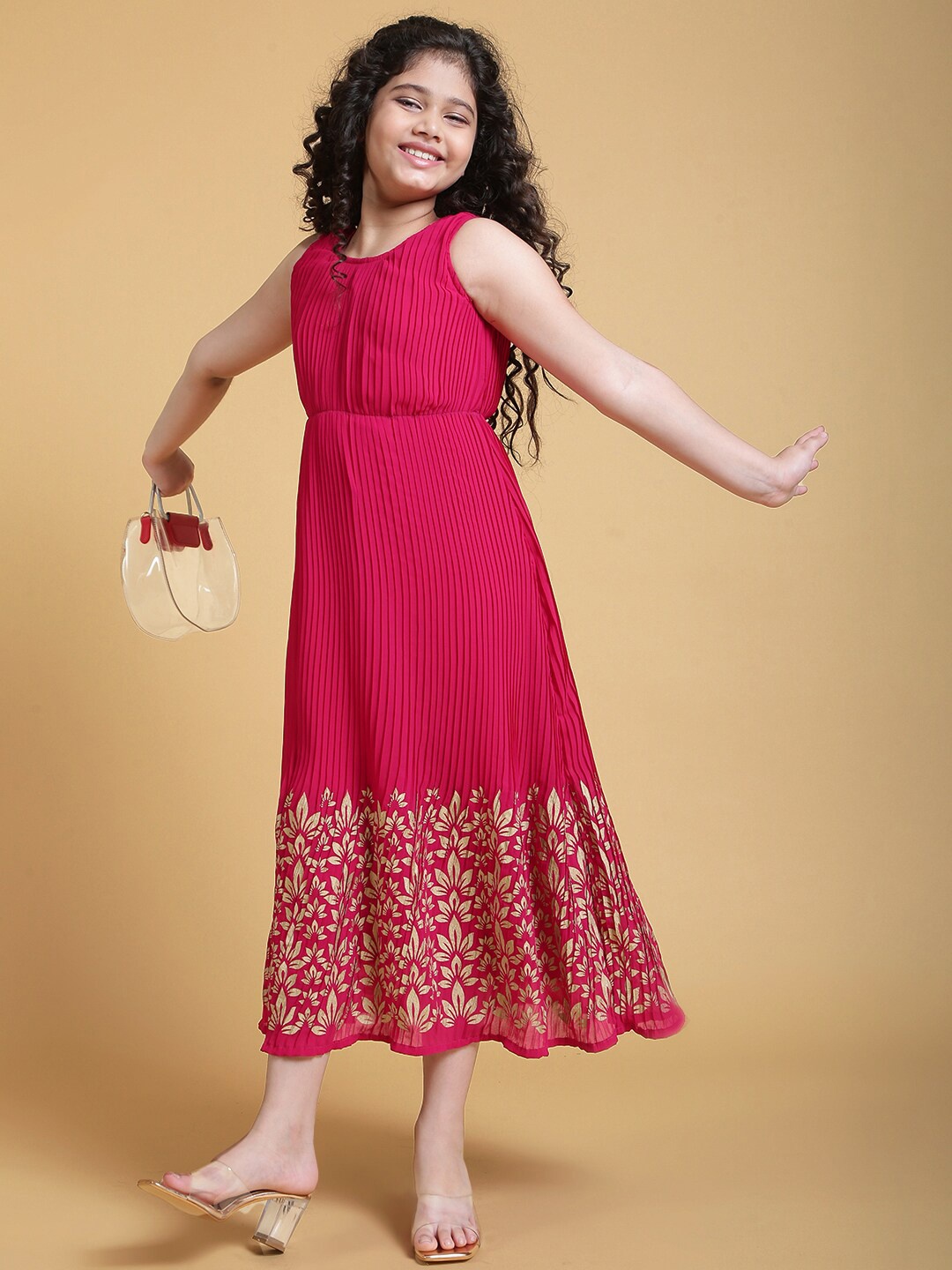 

titliyan Girls Pink Ethnic Motifs Print Georgette Empire Pleated Midi Dress