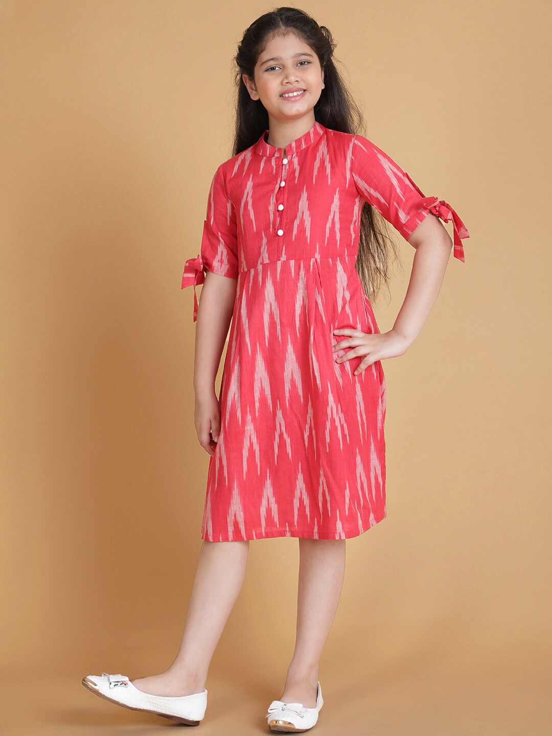 

titliyan Girls Pink Ikat Woven Design Short A-Line Dress