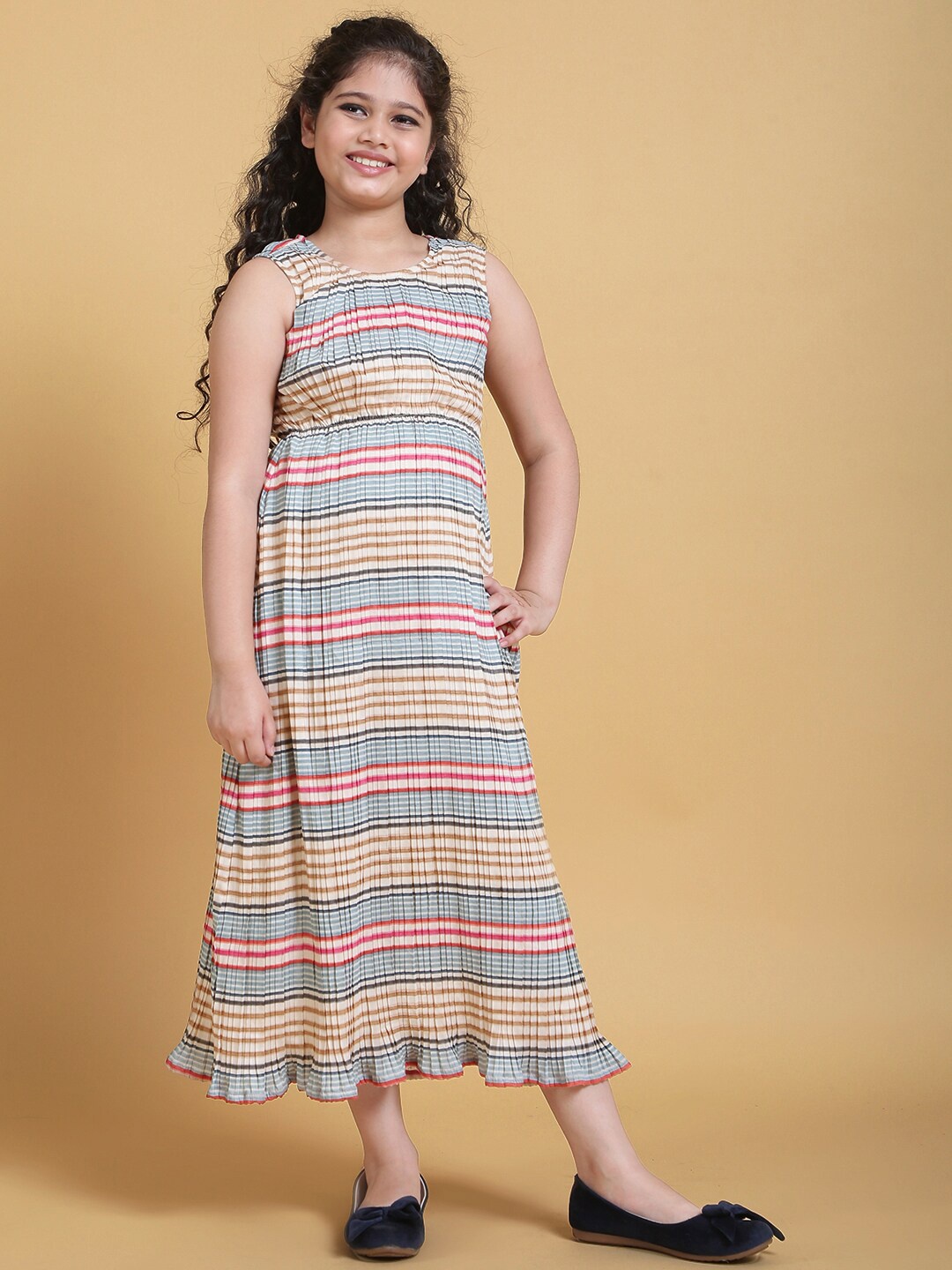 

titliyan Girls Beige Striped Georgette Empire Pleated Maxi Dress