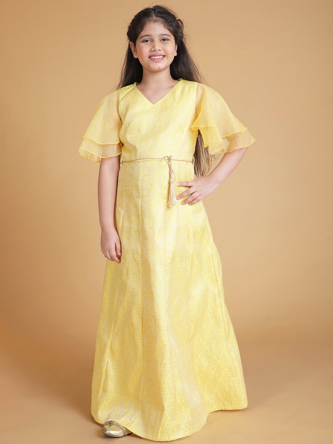 

titliyan Girls Yellow Jacquard Design Organza Flare Sleeve Maxi Dress