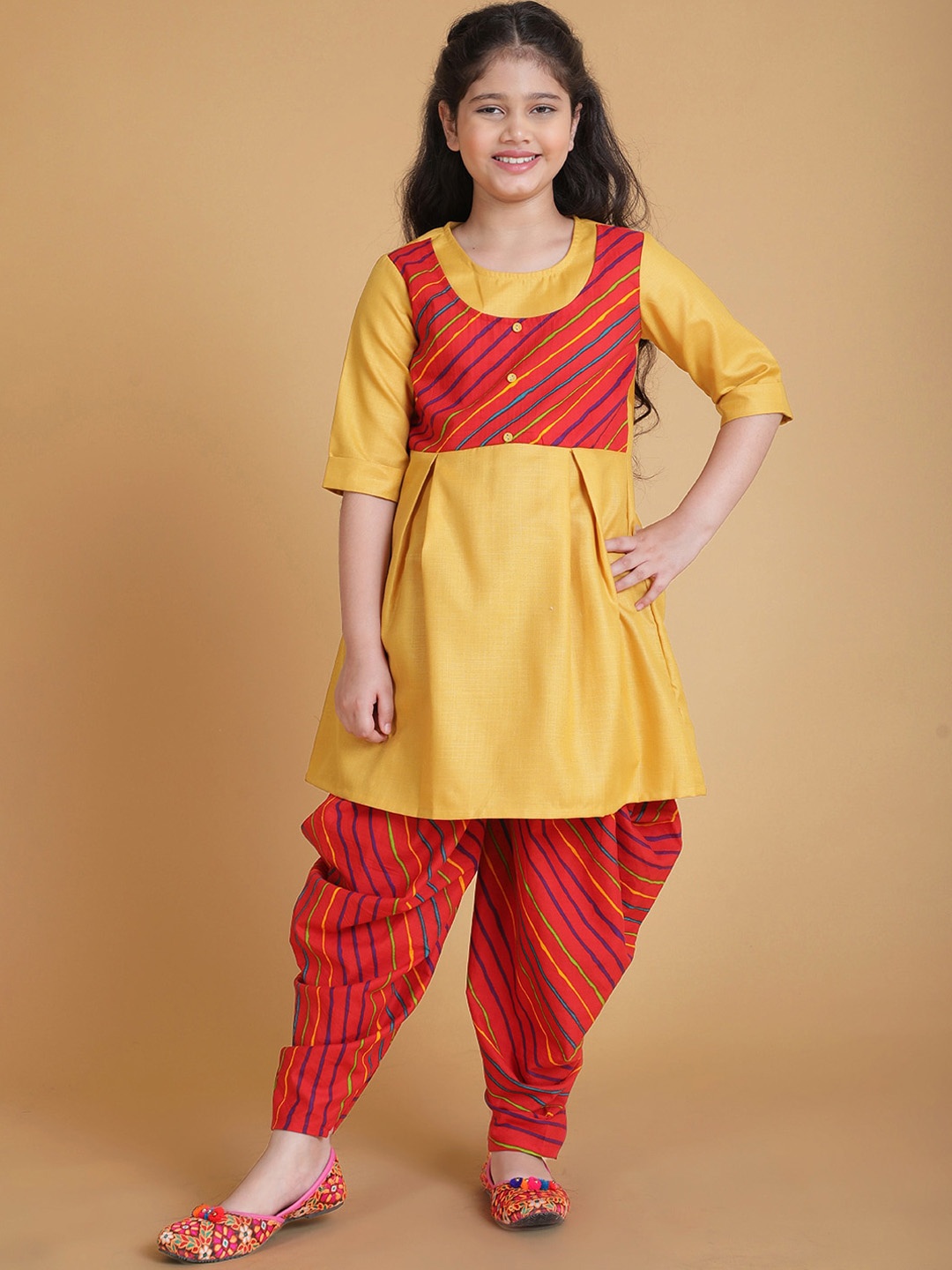 

titliyan Girls Red Yoke Design Panelled Kurti with Dhoti Pants