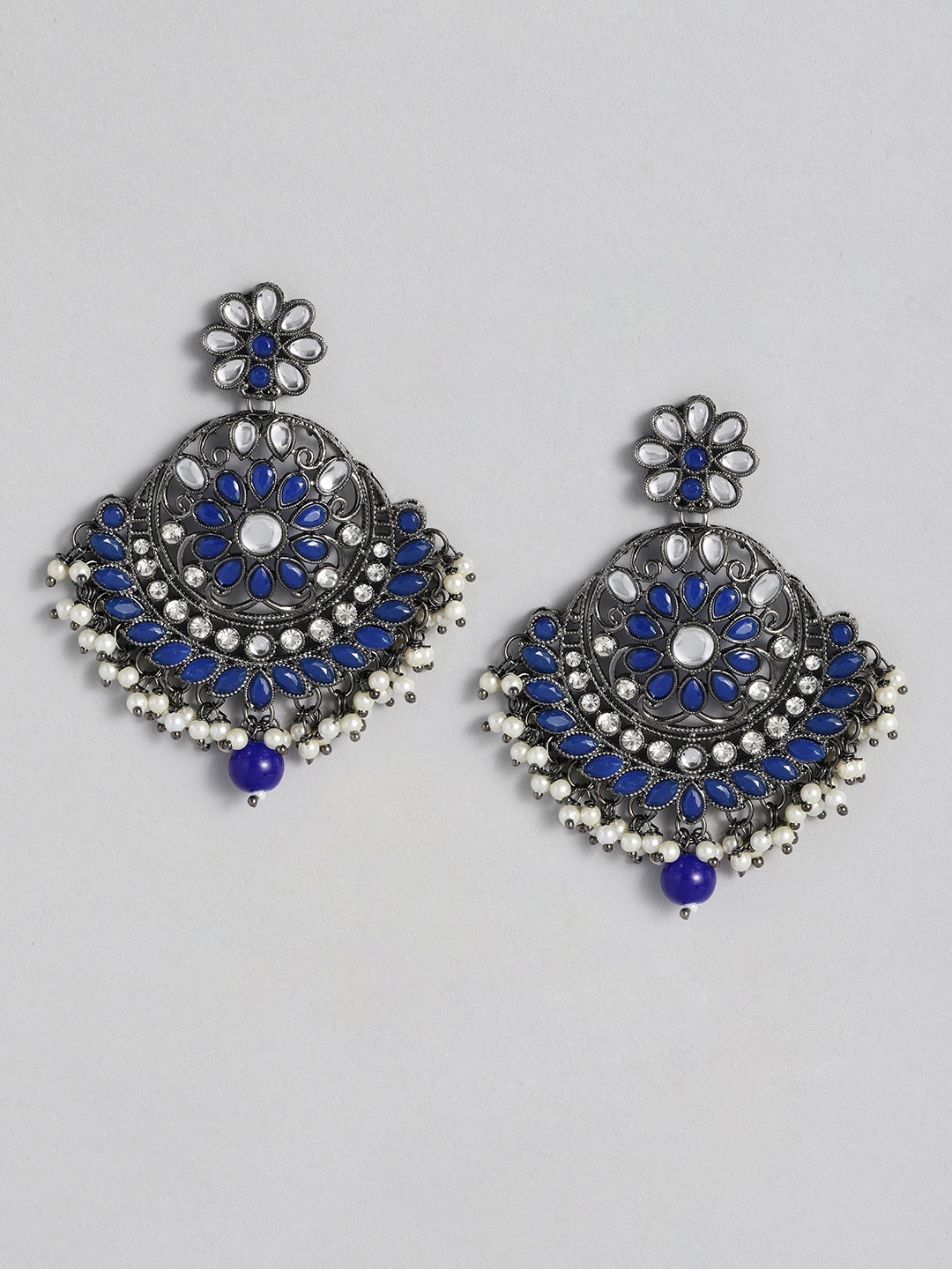 

I Jewels Blue & White Oxidized Silver Plated Kundan & Stone Studded Chandbali