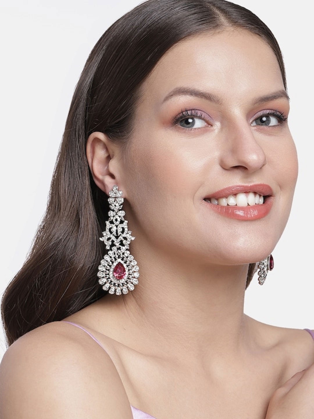 

I Jewels White & Magenta Rhodium Plated AD Studded Drop Earrings