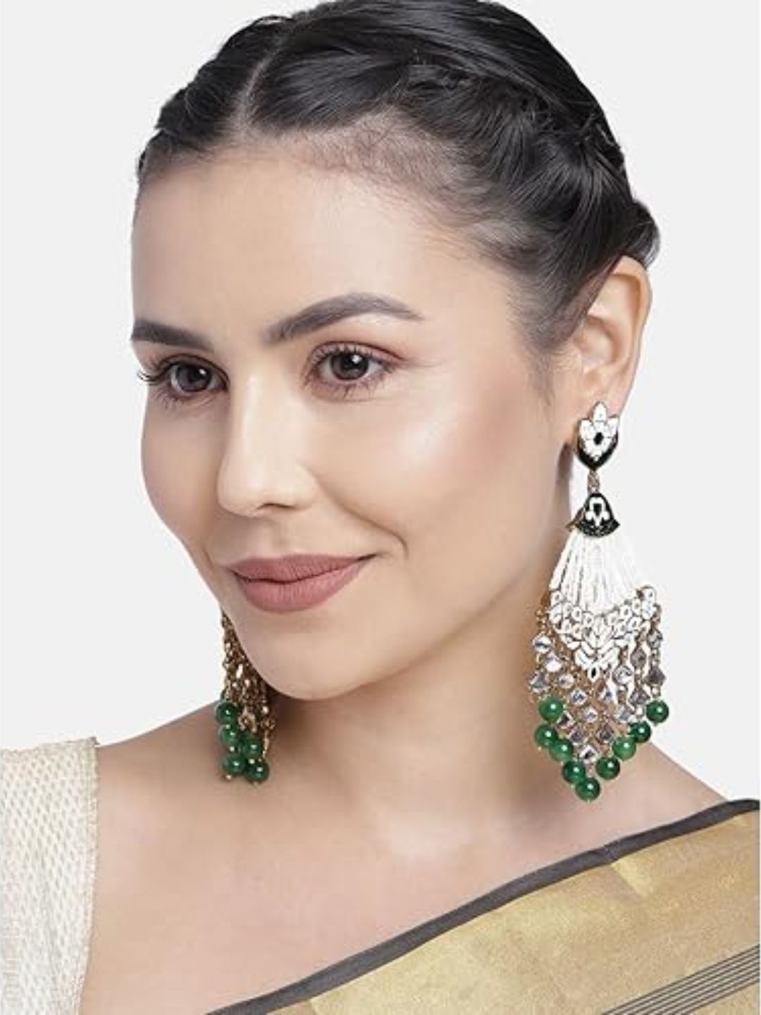 

I Jewels Green & White Gold Plated Kundan & Pearls Studded Earrings