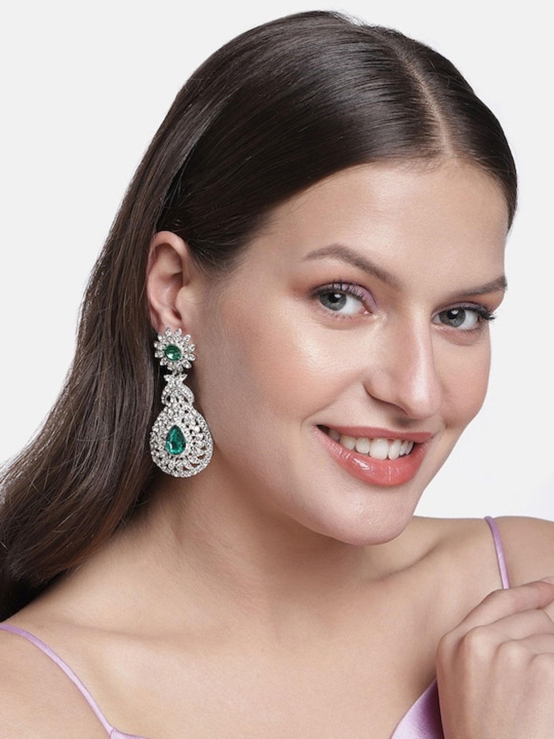 

I Jewels White & Green Silver Plated AD Studded Drop Earrings