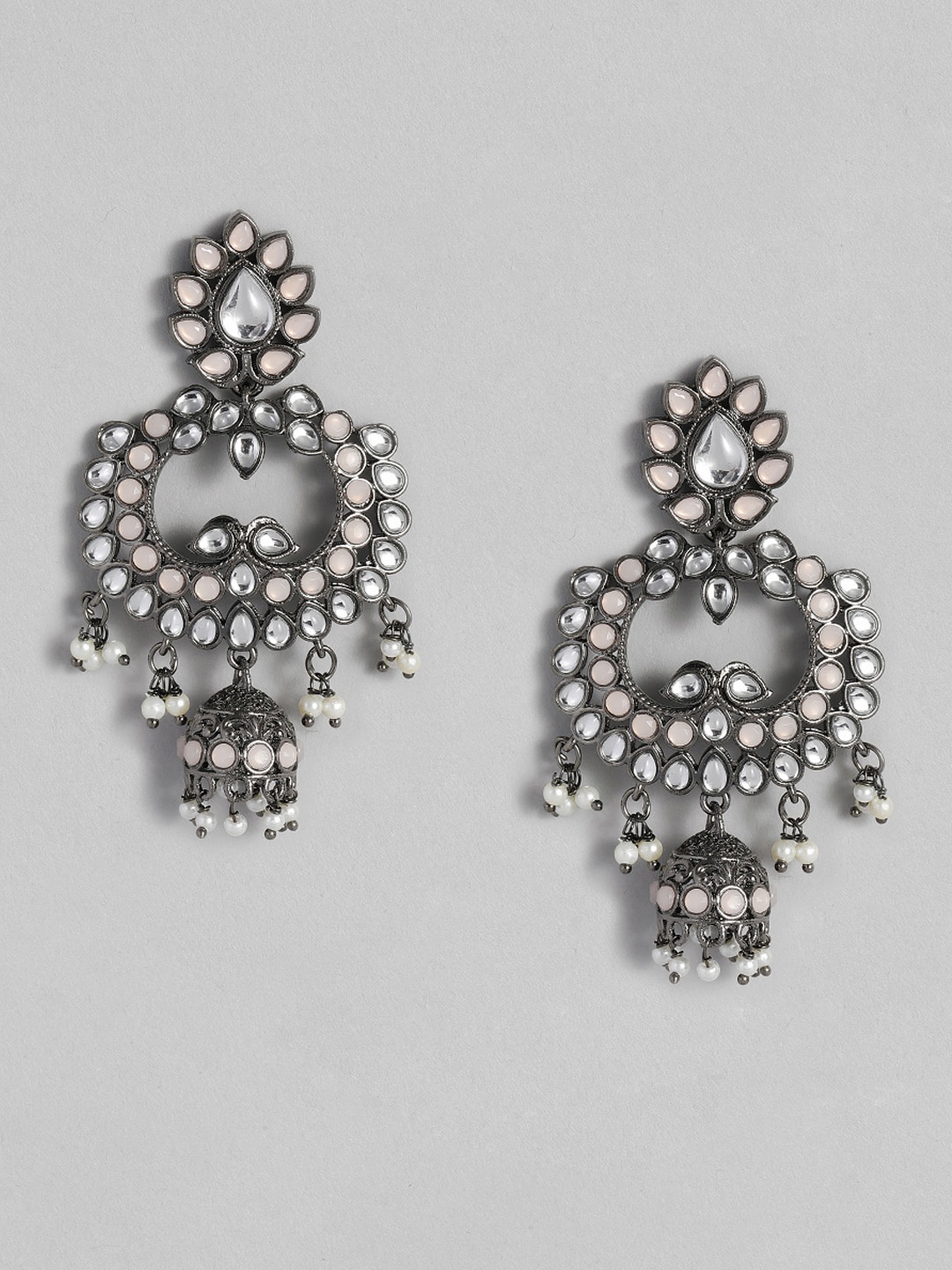 

I Jewels Peach-Coloured & White Silver Plated Oxidised Kundan & Stone Studded Jhumkas