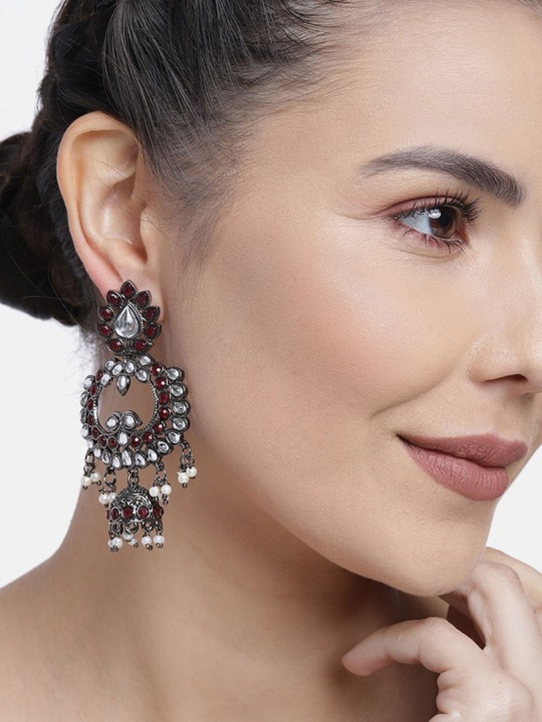 

I Jewels Maroon & White Silver Plated Oxidised Kundan & Stone Studded Jhumkas