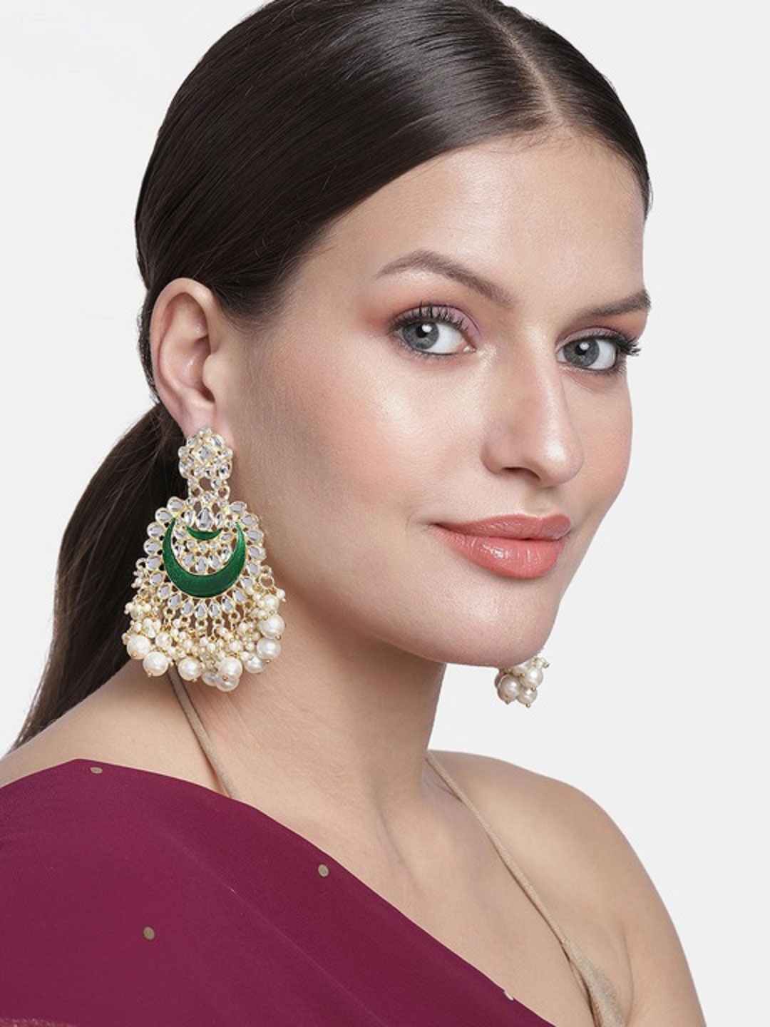 

I Jewels Green & White Gold Plated Kundan & Stone Studded Chandbali