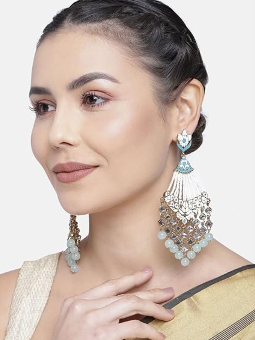 

I Jewels Turquoise Blue & White Gold Plated Kundan & Pearls Studded Classic Drop Earrings