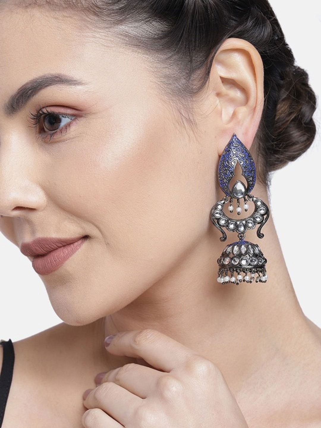 

I Jewels Blue & White Silver Plated Oxidised Kundan & Stone Studded Jhumkas