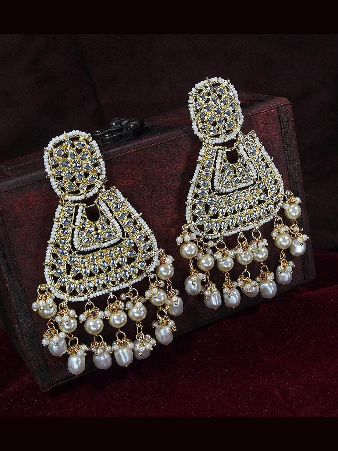 

I Jewels Gold-Toned & White Gold Plated Kundan & Pearl Studded Drop Earrings