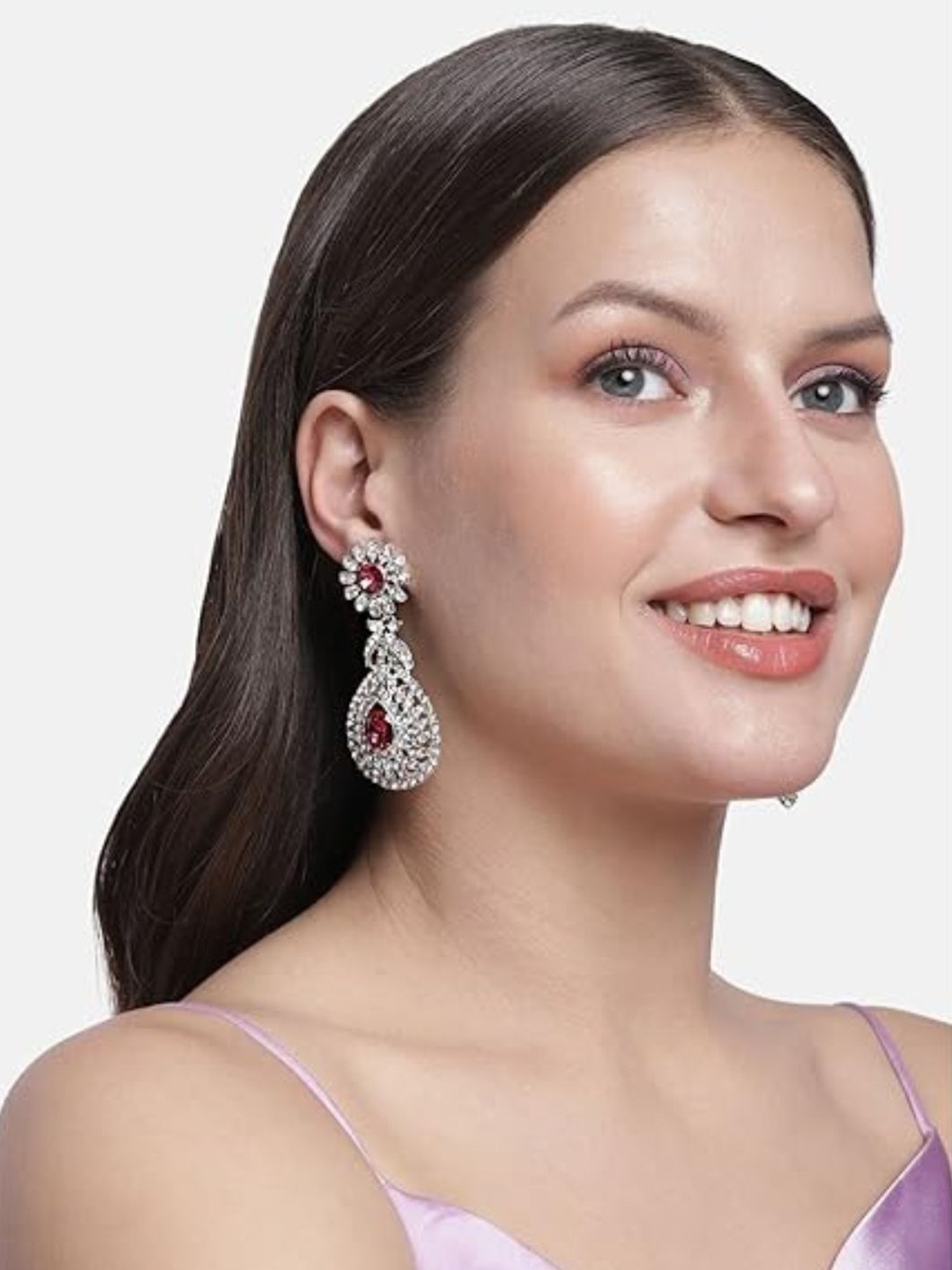 

I Jewels White & Magenta Silver Plated AD Studded Drop Earrings