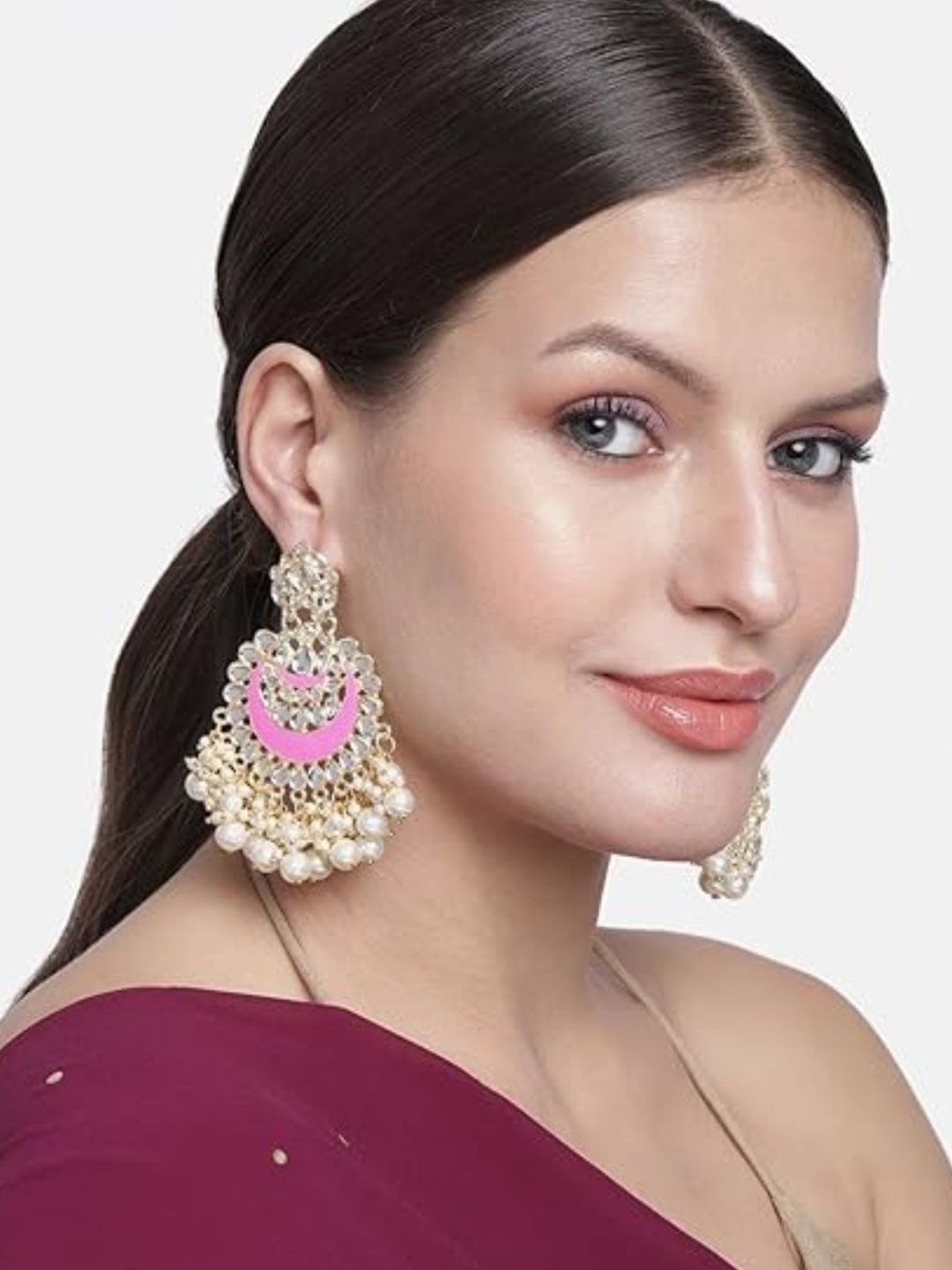 

I Jewels Pink & White Gold Plated Kundan & Stone Studded Chandbali