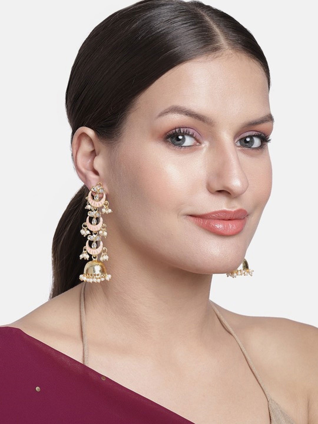 

I Jewels Pink & White Gold Plated Classic Jhumkas Earrings