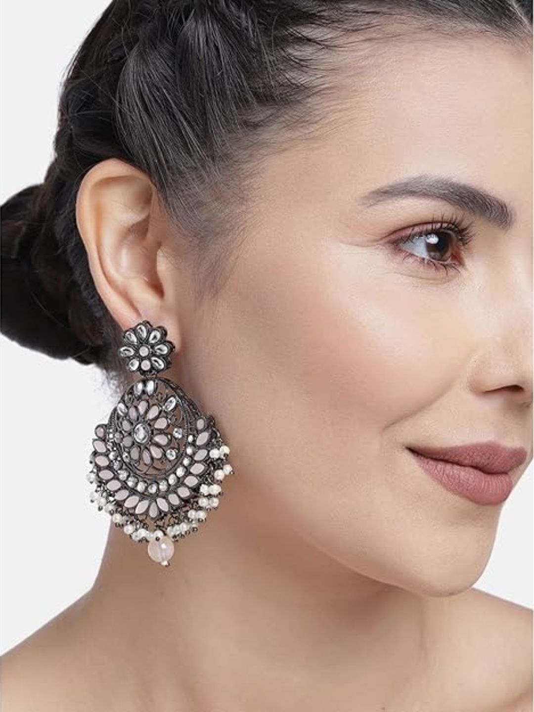 

I Jewels Peach & White Oxidized Silver Plated Kundan & Stone Studded Chandbali