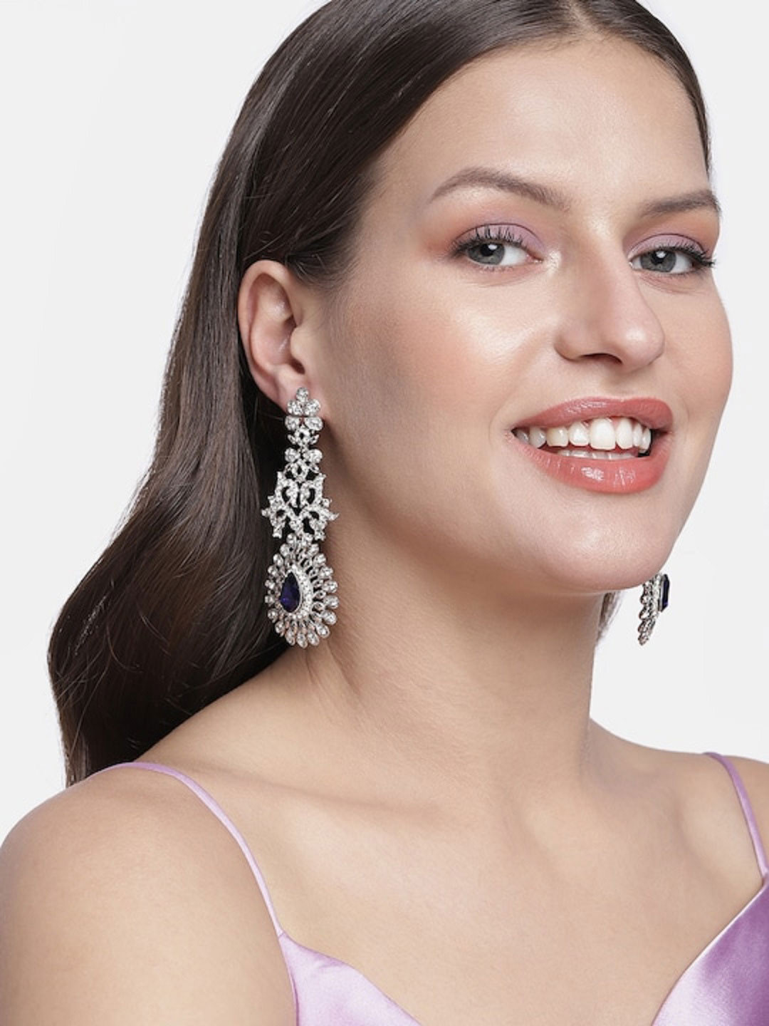 

I Jewels White & Navy Blue Rhodium Plated AD Studded Drop Earrings