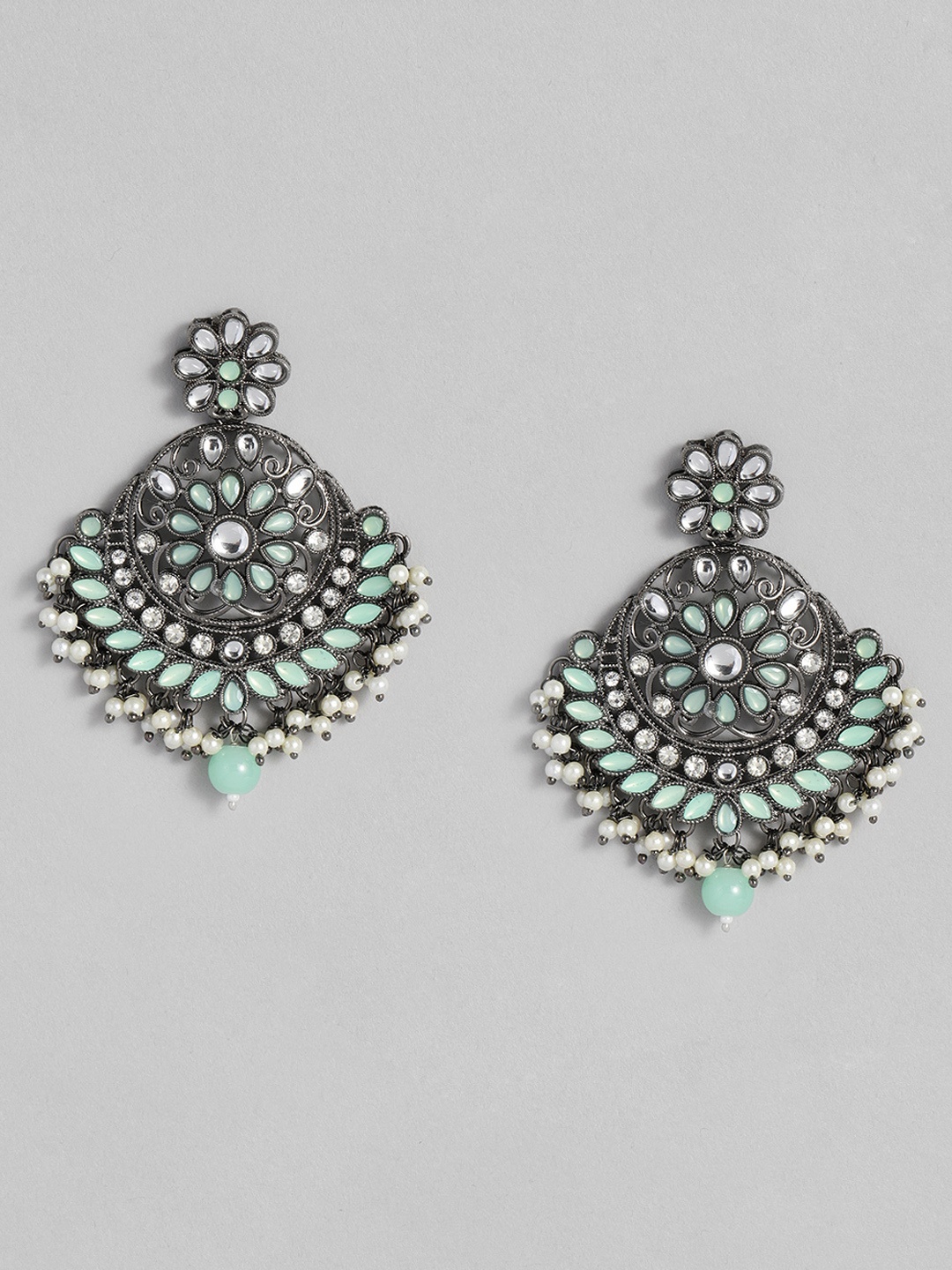 

I Jewels Sea Green & White Oxidized Silver Plated Kundan & Stone Studded Chandbali