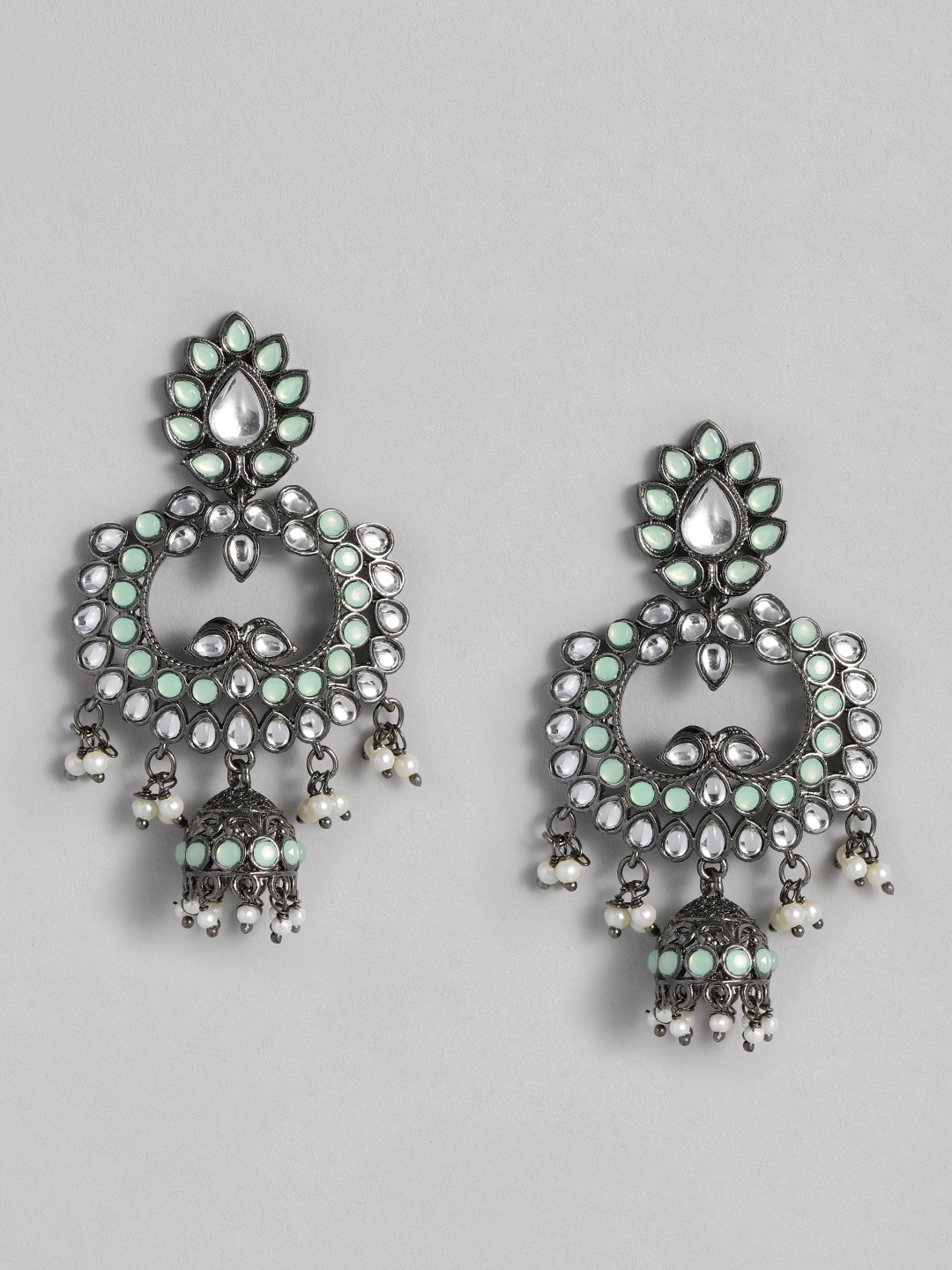 

I Jewels Sea Green & White Silver Plated Oxidised Kundan & Stone Studded Jhumkas