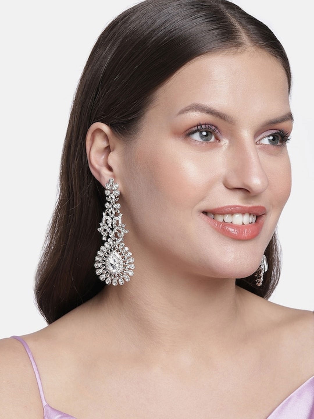 

I Jewels White & Silver Rhodium Plated AD Studded Drop Earrings