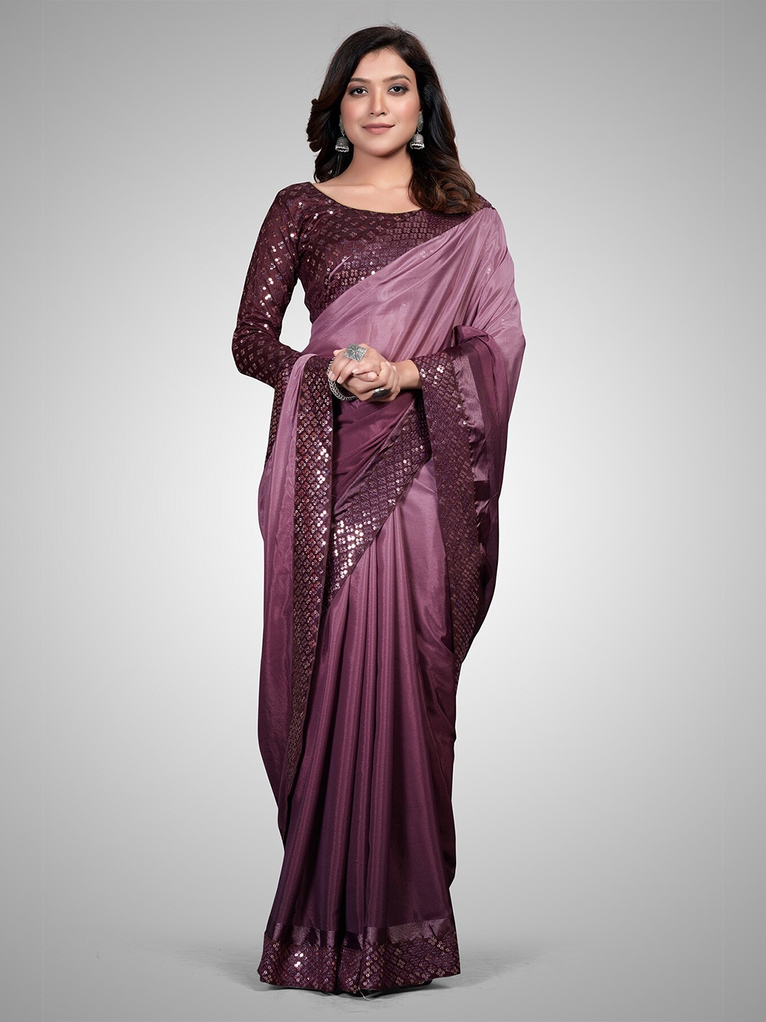 

Mitera Purple Embellished Ombre Sequinned Silk Blend Saree