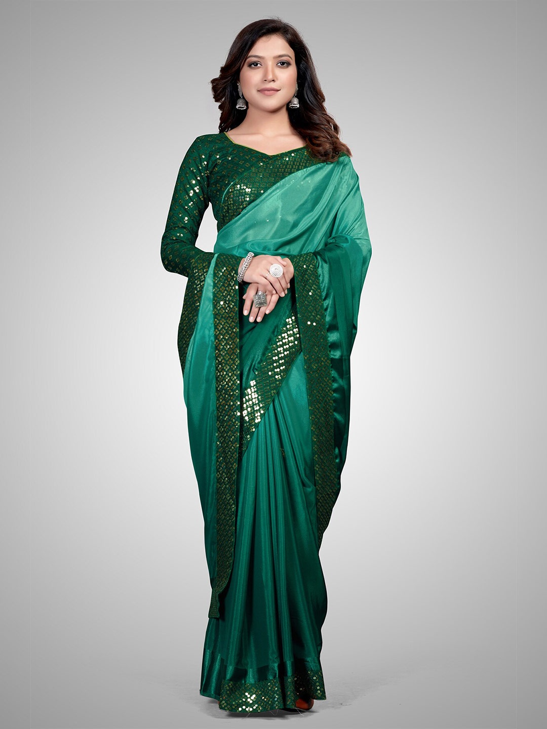 

Mitera Green Ombre Sequinned Silk Blend Saree