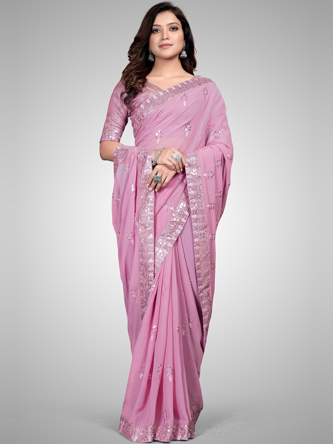 

Mitera Purple Embellished Sequinned Pure Georgette Saree