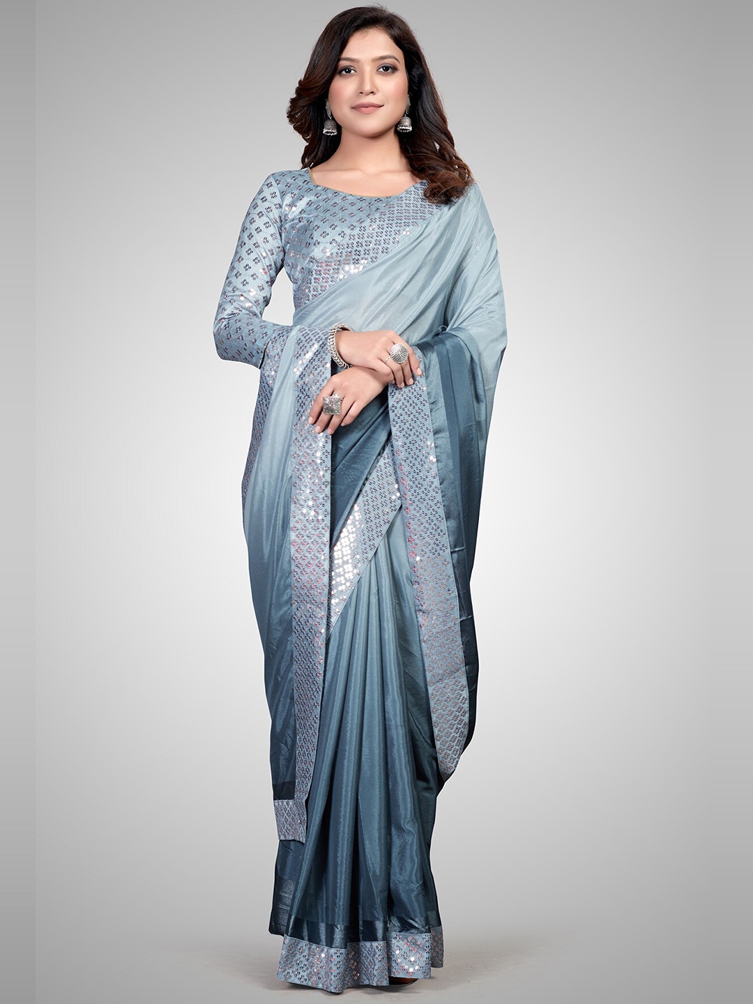 

Mitera Grey & Silver-Toned Ombre Sequinned Silk Blend Saree