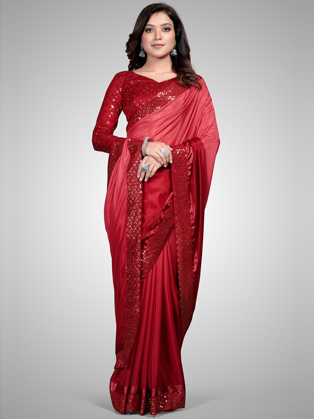 

Mitera Red Ombre Sequinned Silk Blend Saree